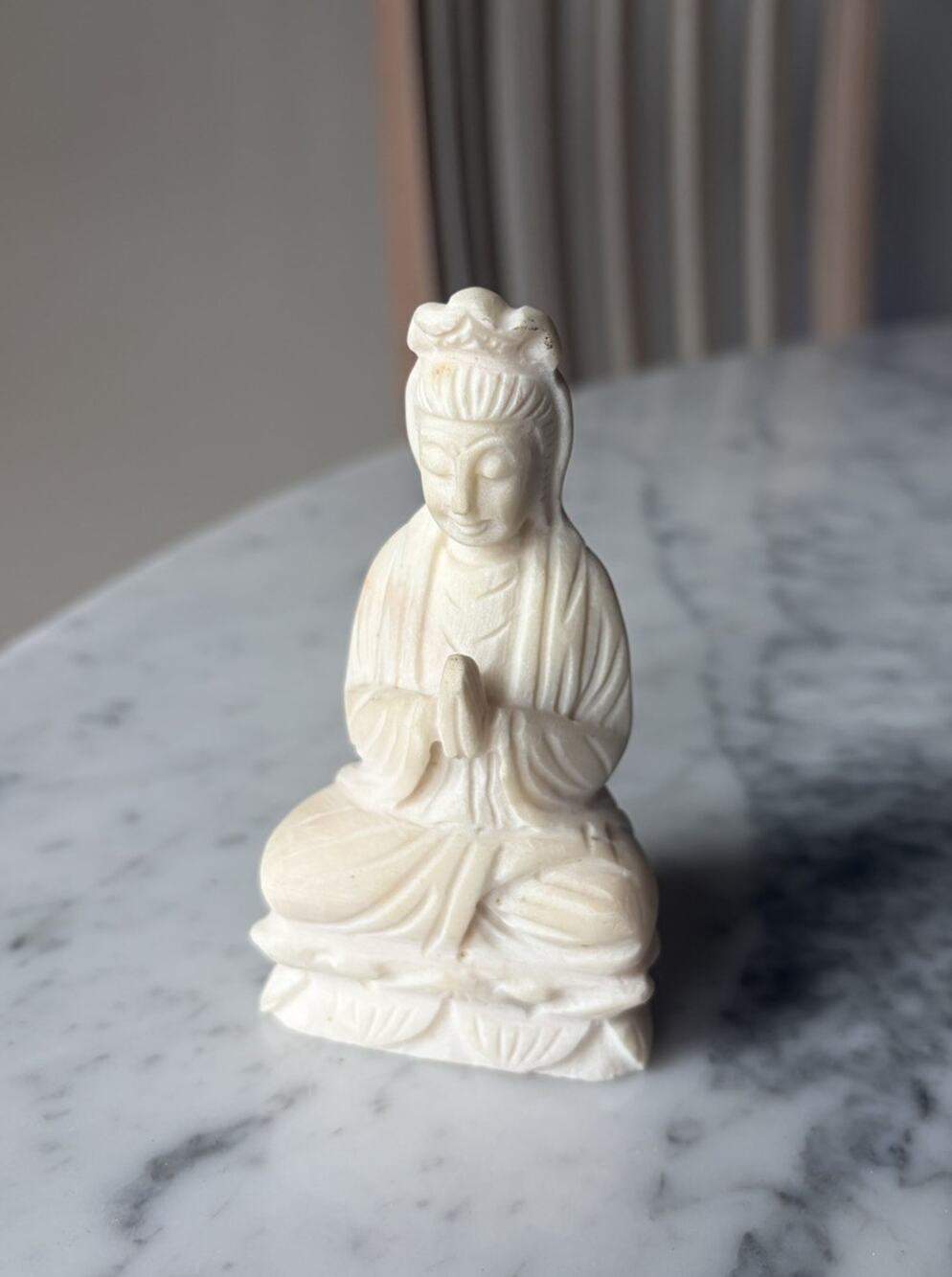 Handmade Carved Stone White Seated Buddhist Statue Figurine